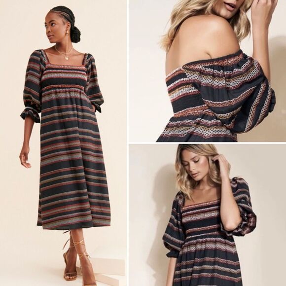 Hutch Reva Stripes Smocked Midi Length Dress Black Red - Picture 1 of 7